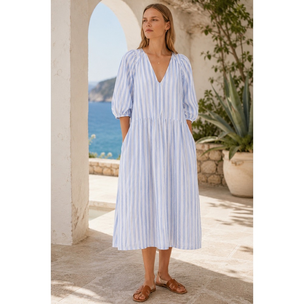 Everlane Blue White Striped Linen Midi Dress XXS Oversized Puff Sleeve Pockets